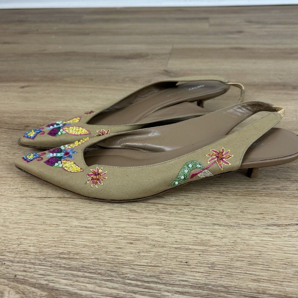 Dkyn 8.5 Kitten Heels Stiletto Embroidered Butterfly Slingback Beige Beaded